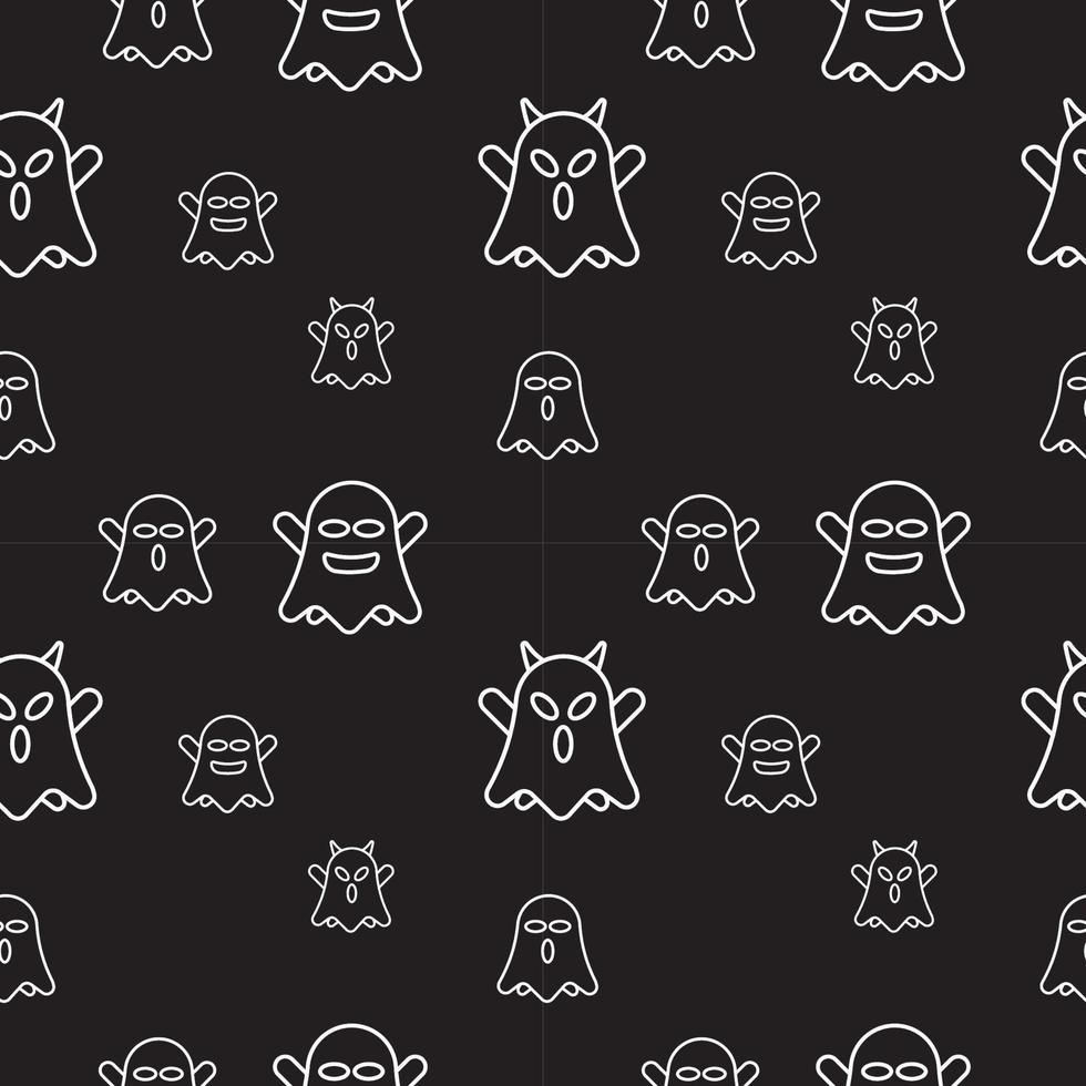 Cute ghost seamless pattern design template. Flat character vector illustration. White outline design style in black color background.