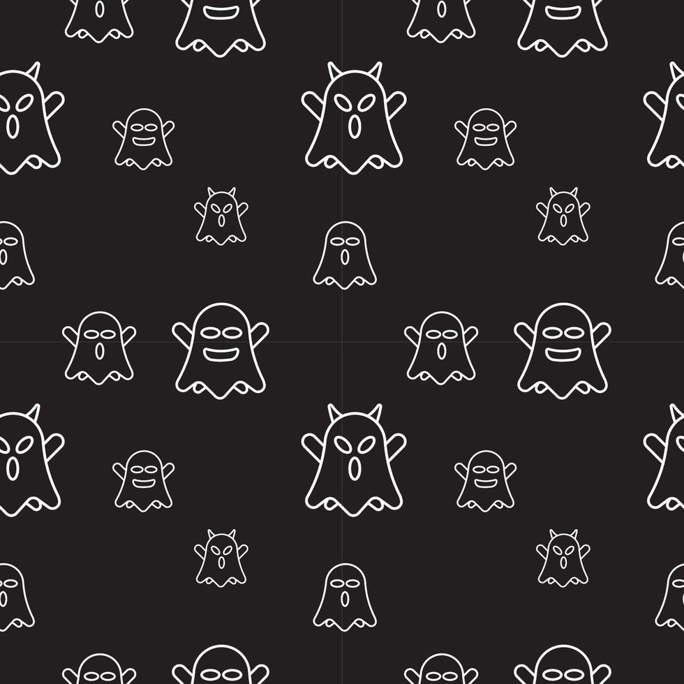 Cute ghost seamless pattern design template. Flat character vector illustration. White outline design style in black color background.