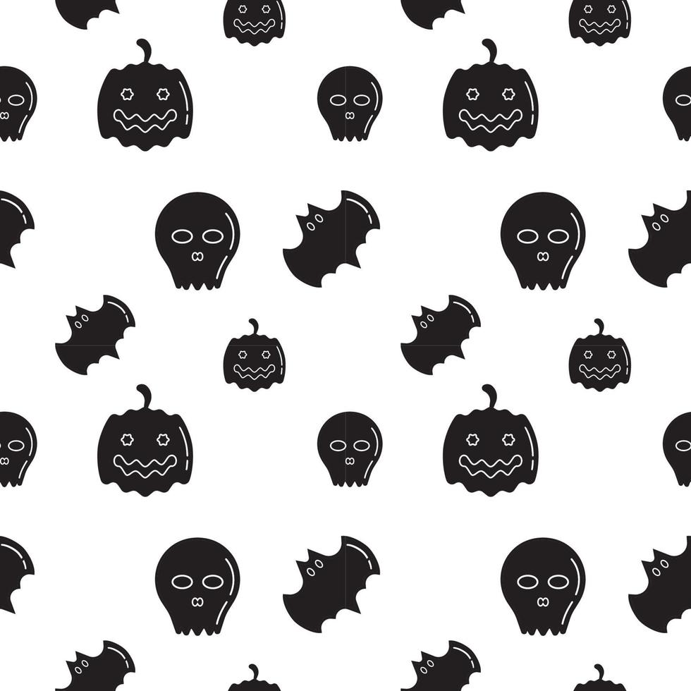 Black Skull, Bat and Pumpkin shape texture on white color background. Seamless pattern design template. Monochrome color theme. Vector illustration