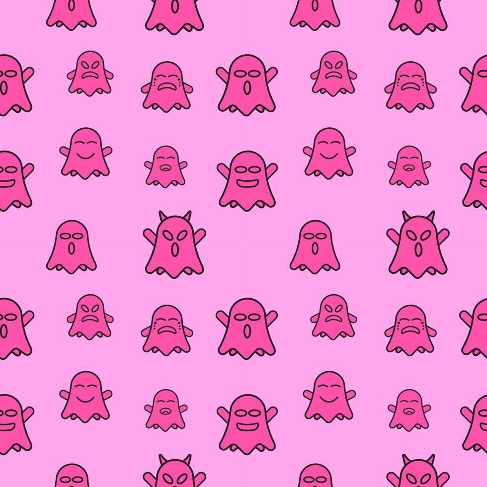Cute ghost seamless pattern design template. Outline design style with pink color theme. Flat character vector illustration.