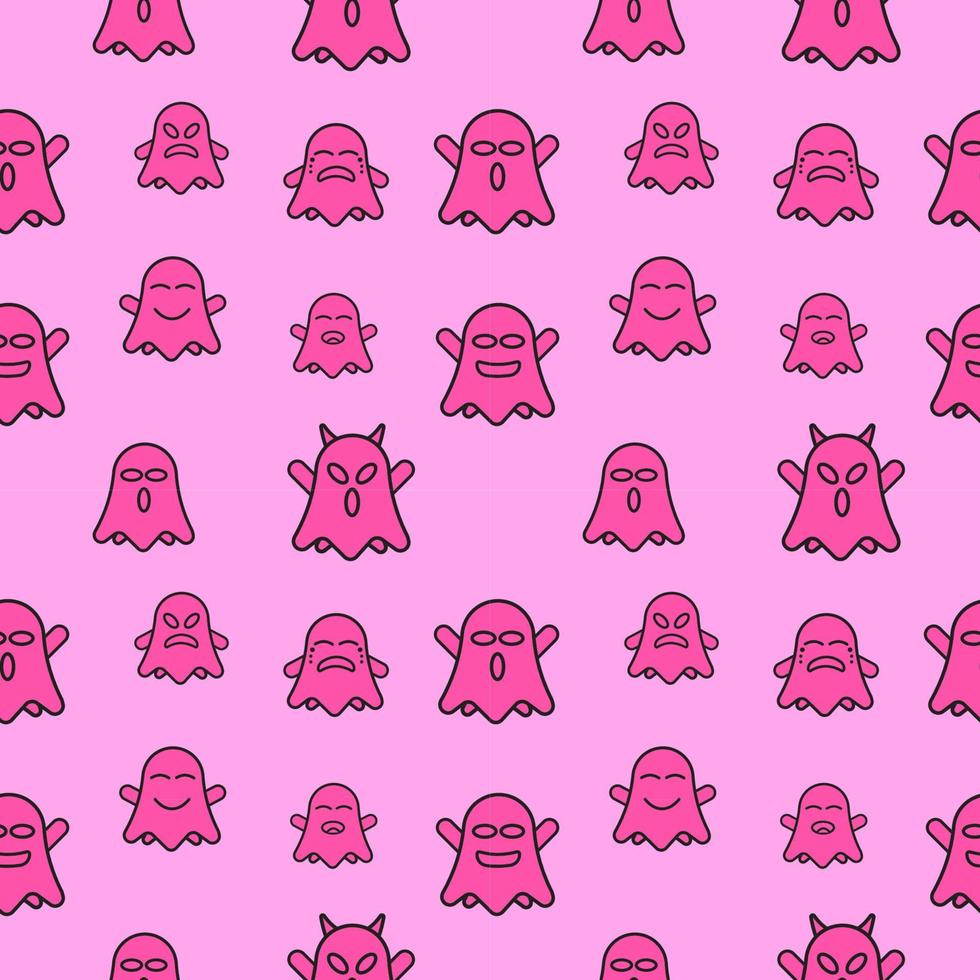 Cute ghost seamless pattern design template. Outline design style with pink color theme. Flat character vector illustration.