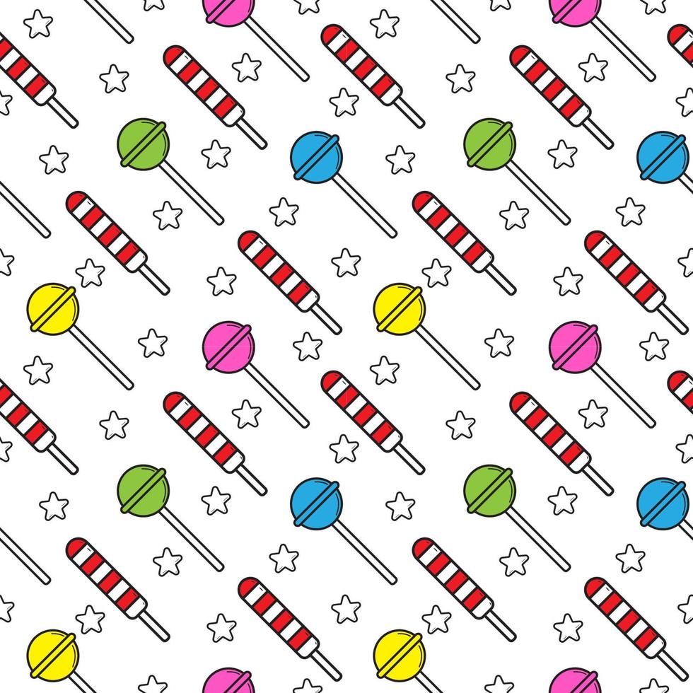 Seamless pattern with various lollipop candies and rounded star shapes element on white color background. Flat cartoon stock vector illustration. Suitable for birthday, christmas or new year event