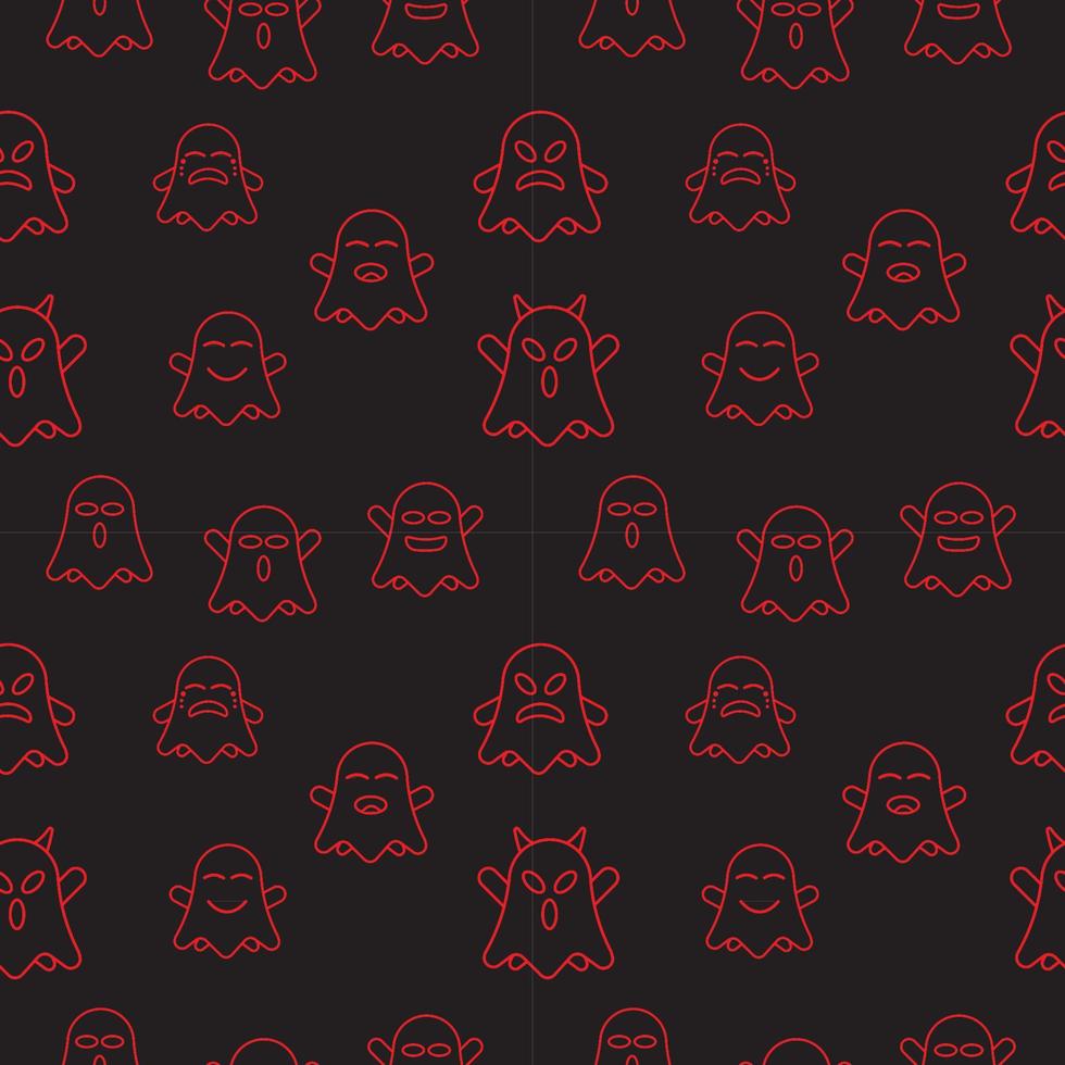 Cute ghost seamless pattern design template. Red outline design style in black color background. Flat character vector illustration.