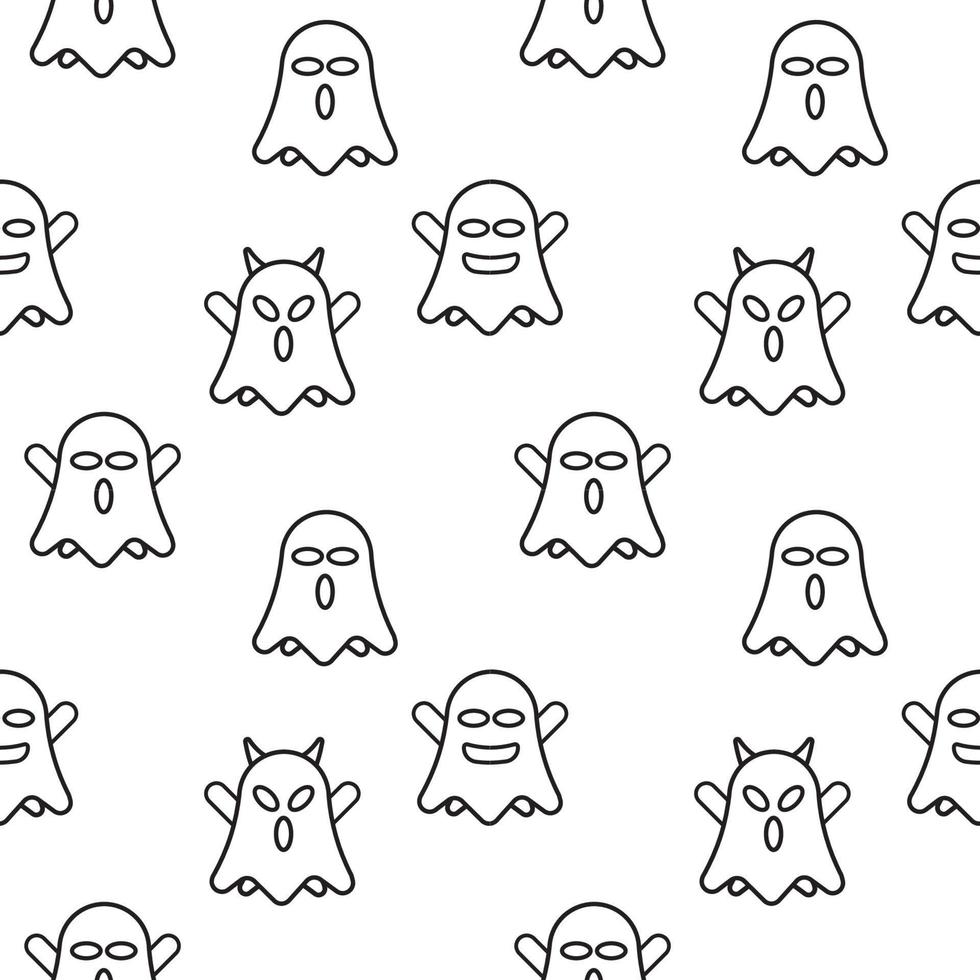 Cute ghost seamless pattern design template. Black outline design style in white color background. Flat character vector illustration.