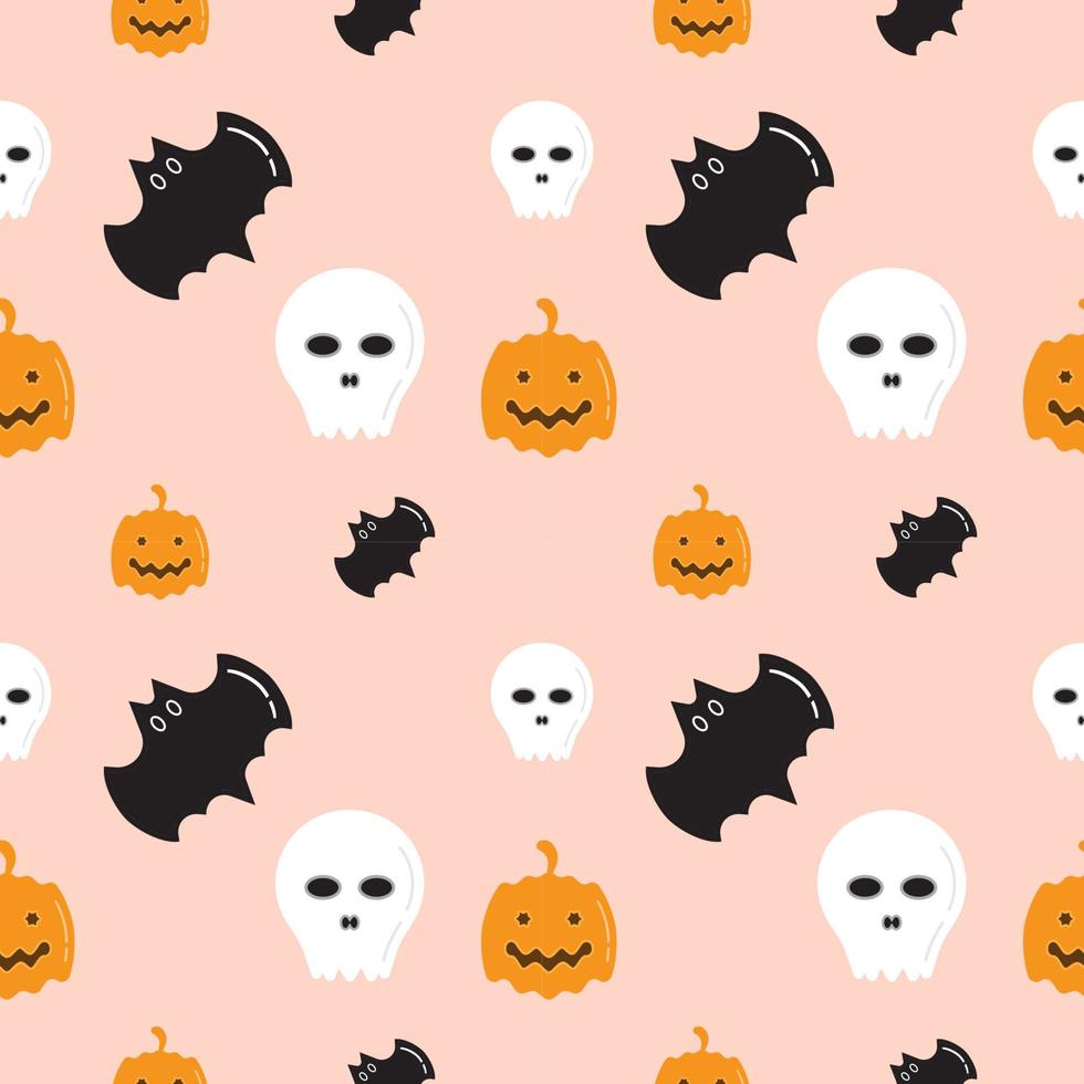 Skull, Bat and Pumpkin shape texture on pastel color background. Seamless pattern design template. White, black and orang color theme. Vector illustration