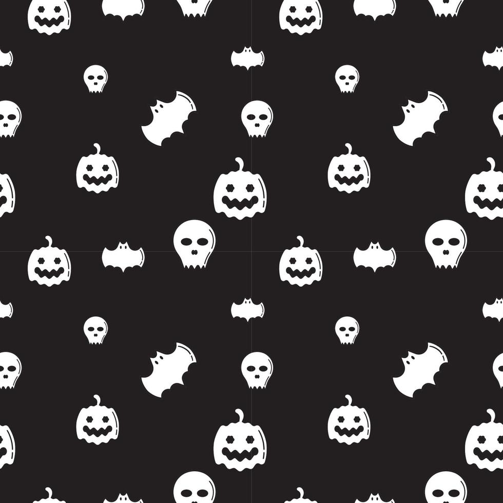 Skull, Bat and Pumpkin shape texture. Seamless pattern design template. Monochrome, black and white color theme. Vector illustration