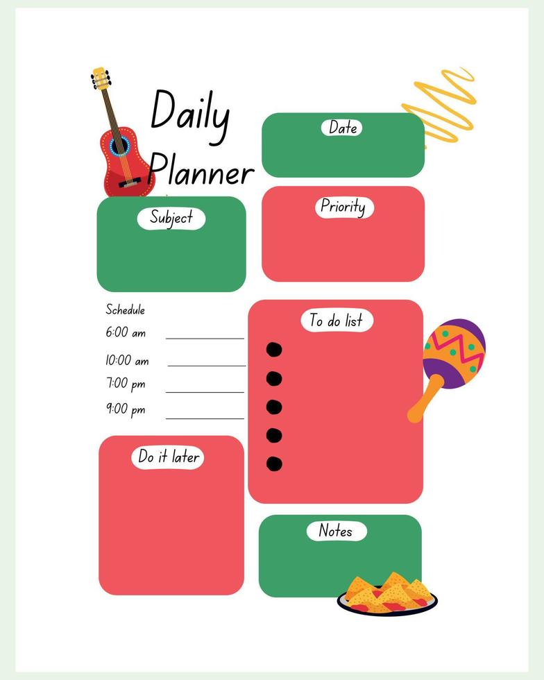 Diary printable template Mexico. vector