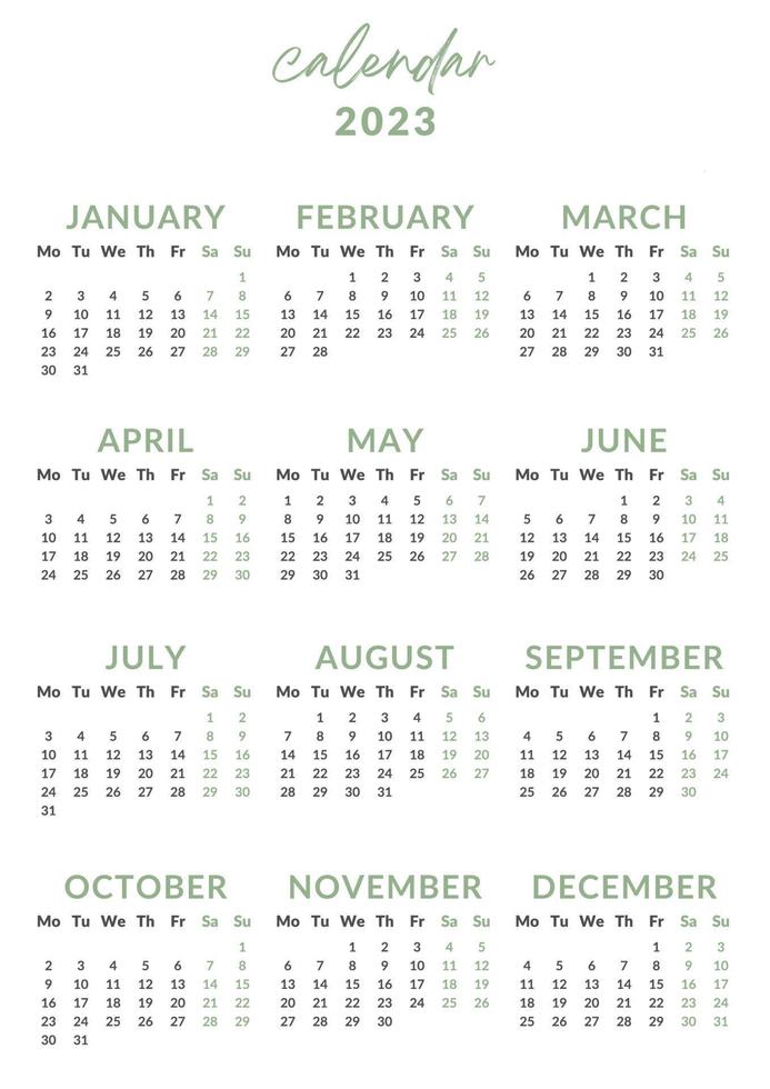 2023 calendar year illustration. The week starts on Monday. Yearly calendar template 2023. Calendar design in green and black colors, holidays in green colors. vector