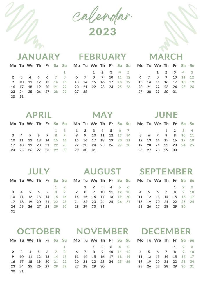 2023 calendar year illustration. The week starts on Monday. Yearly calendar template 2023. Calendar design in green and black colors, holidays in green colors. vector