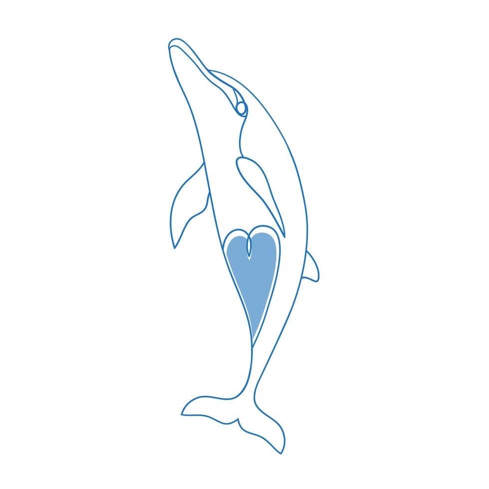 Linear dolphin with a heart. Linear illustration. Minimalistic clipart. vector