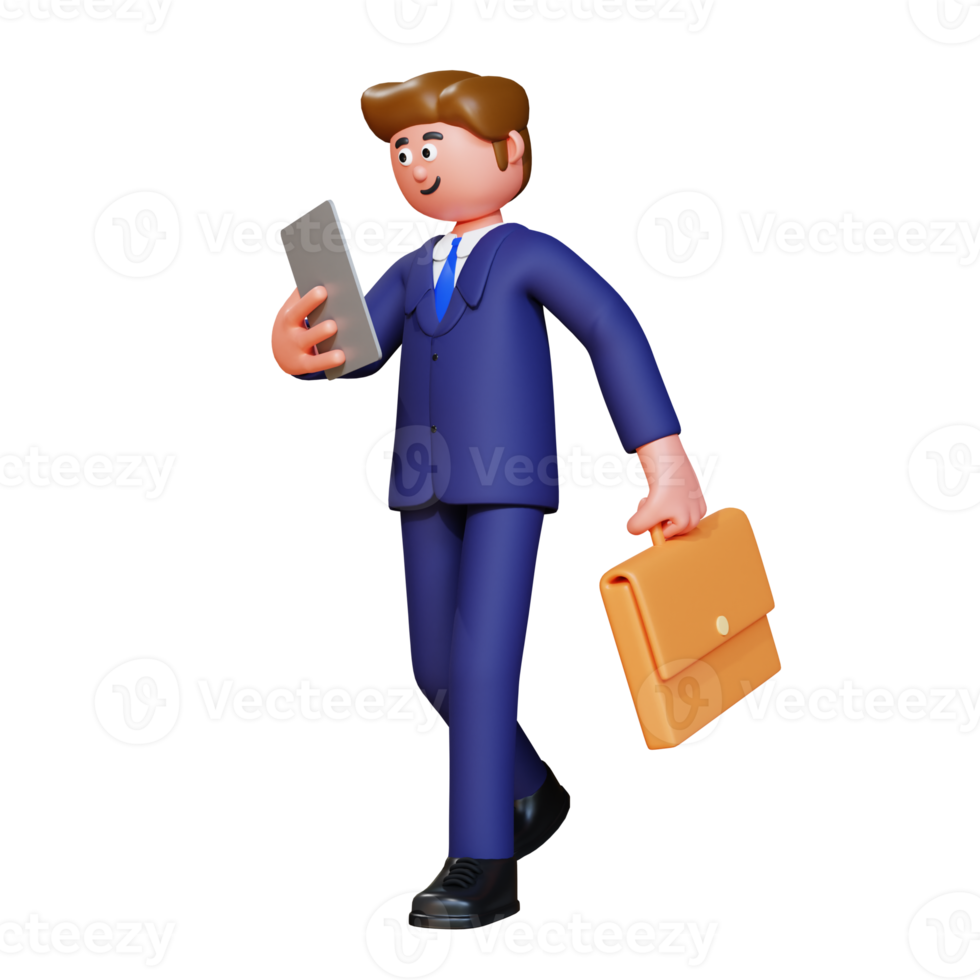 3d render businessman walking and holding phone png