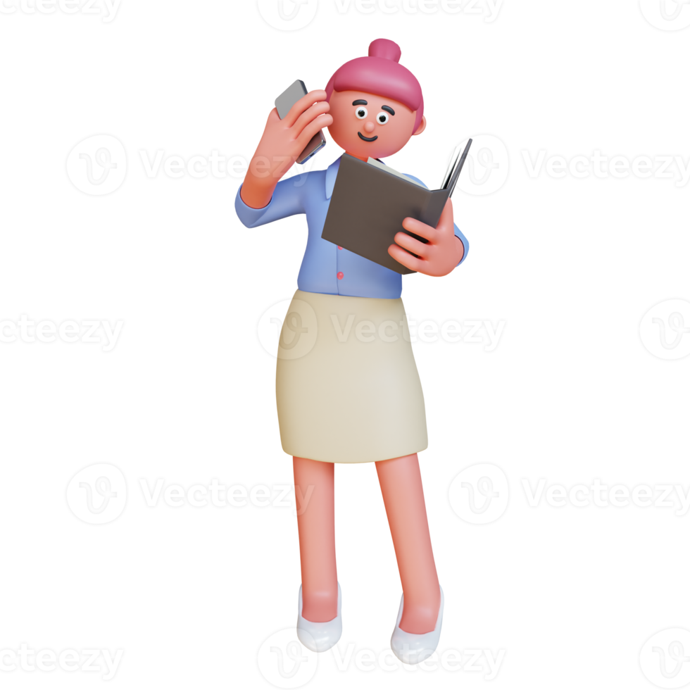 3d render woman employee holding phone and report book png