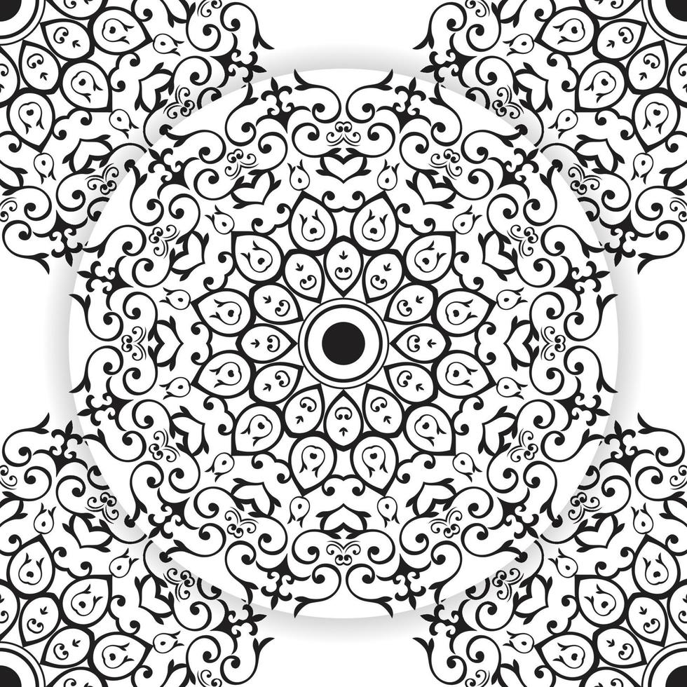 Mandala design element, geometric line pattern. Stylized floral round ornament. Zen doodle art, monochrome sketch for colouring book page, textile fabric print. Black and white illustration vector