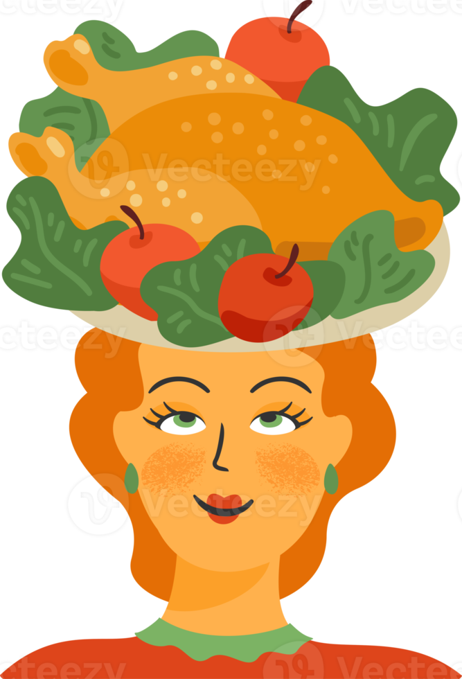 Happy Thanksgiving. Cute lady with turkey. png