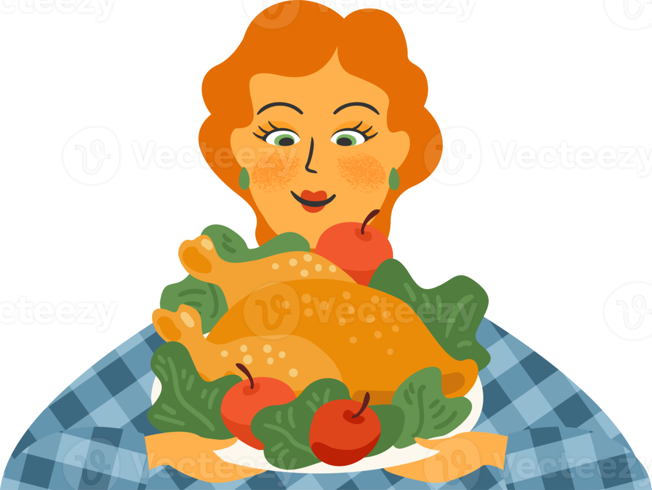 Happy Thanksgiving. Cute lady with turkey. png