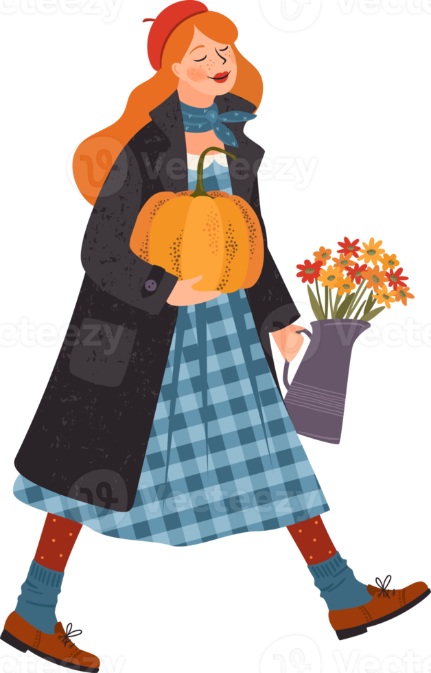 Happy Thanksgiving. Cute lady with pumpkin and flowers. png