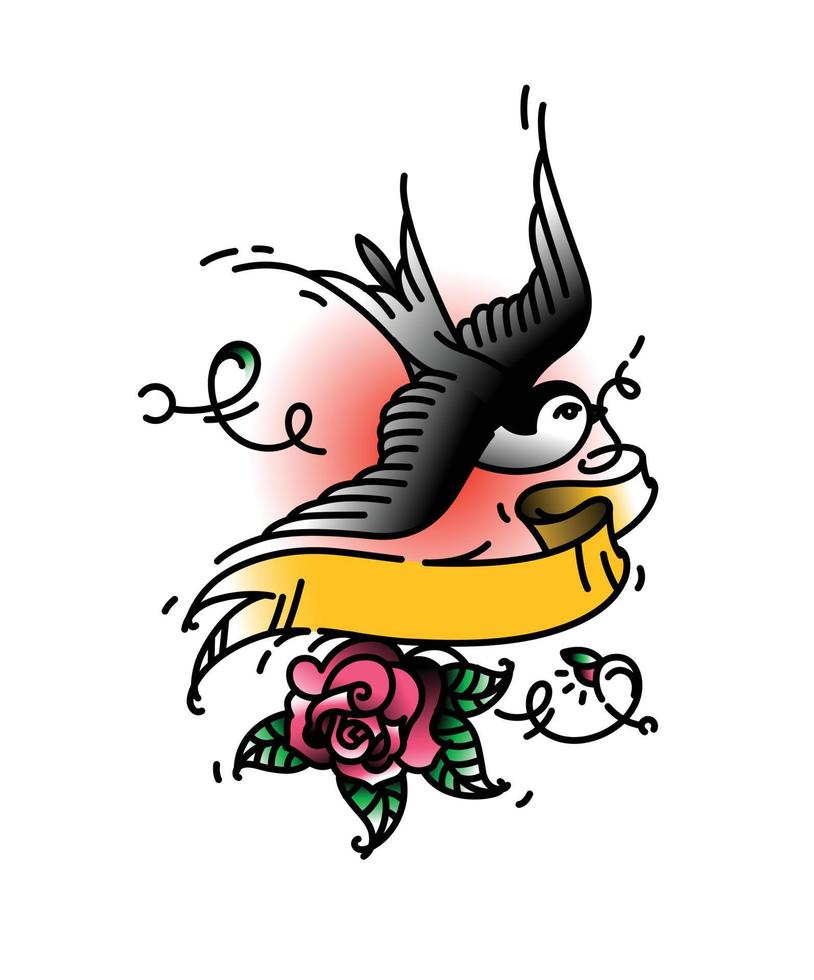 Tattoo of a bird Swallows without an inscription on a ribbon, and with a rose bud from below. Vector illustration. Tattoo of an American old school. Bird swift with ribbon and flower.