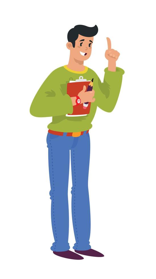 Illustration of a cartoon man with a folder. Vector. The manager in an exclamation position, calls and draws attention to himself. Coach for personal development. HR manager or sales person. vector