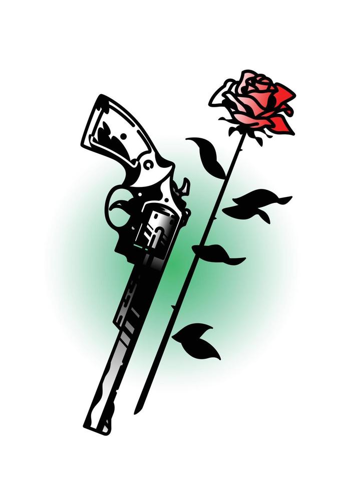 un tatuaje de un revólver y rosas. vector. tatuaje vintage al estilo de la vieja escuela americana. la imagen está aislada en el fondo blanco. patrón de color tatuaje de moda para la mafia. vector