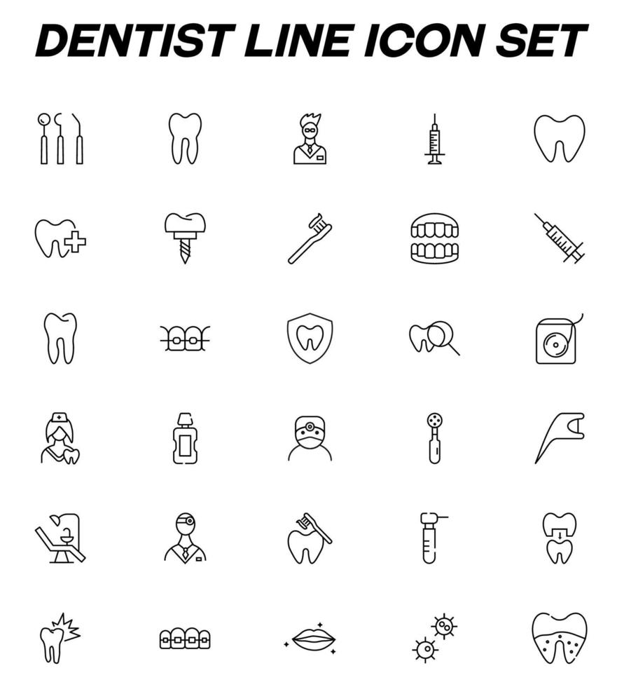 Profession and occupation concept. Modern outline signs drawn in flat style. Dentist line icon set with symbols of teeth, braces, stomatologist, syringe, dental tools, floss etc vector