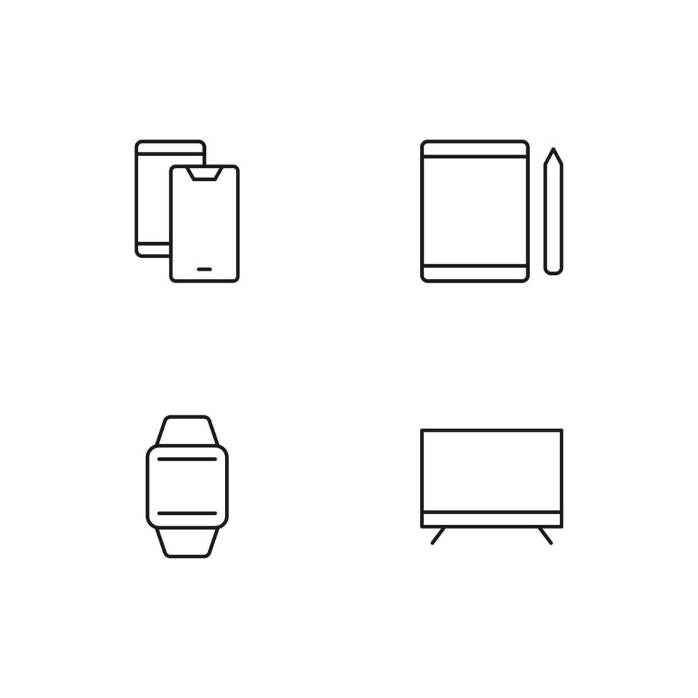 Monochrome elements perfect for adverts, stores, design etc. Editable stroke. Vector line icon set with symbols of mobile phone, tablet, watch, computer