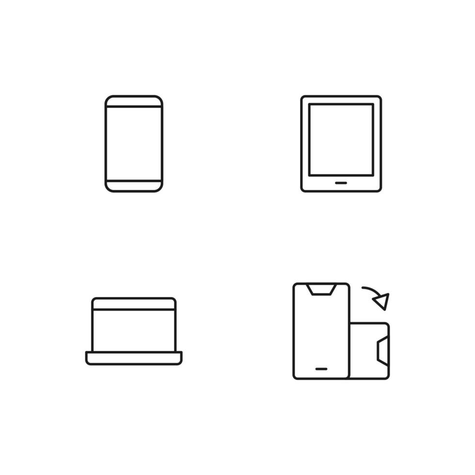 Monochrome elements perfect for adverts, stores, design etc. Editable stroke. Vector line icon set with symbols of smartphone, tablet, laptop, auto turn