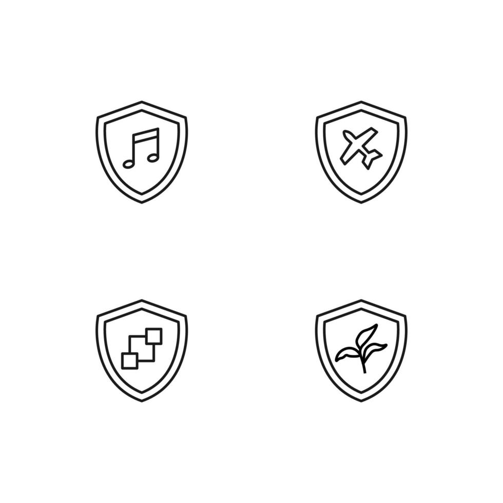 Monochrome elements perfect for adverts, stores, design etc. Editable stroke. Vector line icon set with symbols of musical note, airplane, cubes, plant inside of shield
