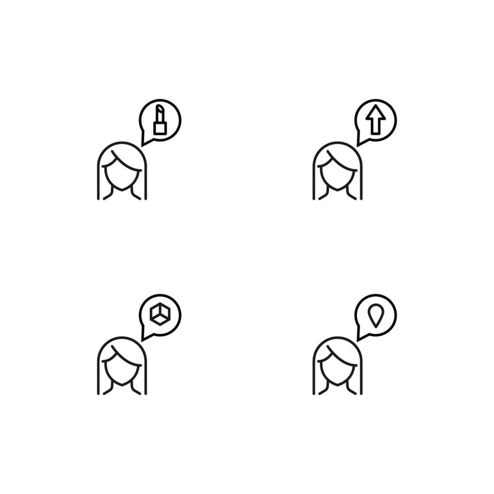 Monochrome elements perfect for adverts, stores, design etc. Editable stroke. Vector line icon set with symbols of lipstick, arrow, cube, geo sign inside of speech bubble by woman