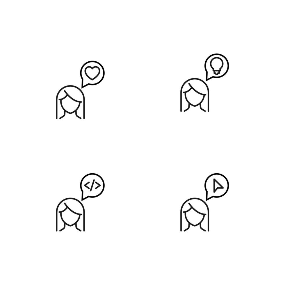 Monochrome elements perfect for adverts, stores, design etc. Editable stroke. Vector line icon set with symbols of heart, lamp, code, cursor inside of speech bubble by woman
