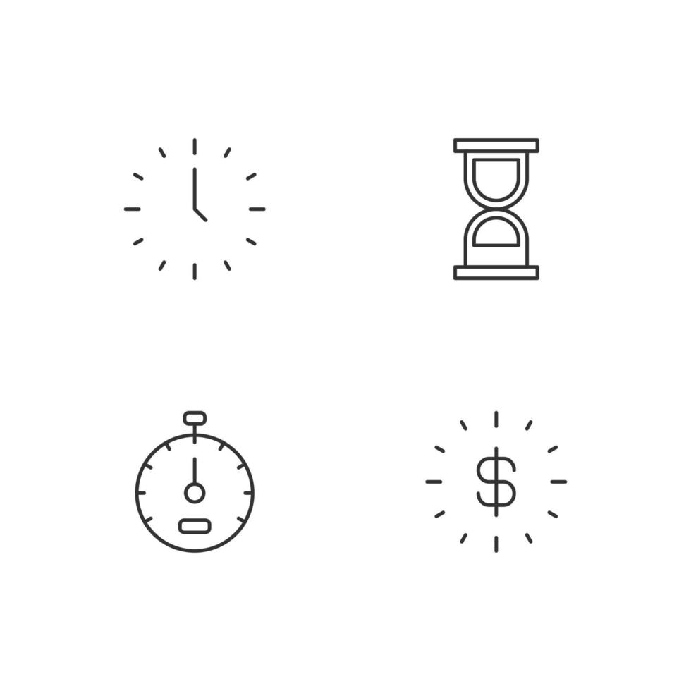 Monochrome elements perfect for adverts, stores, design etc. Editable stroke. Vector line icon set with symbols of clock, hourglass, timer and dollar inside of clock
