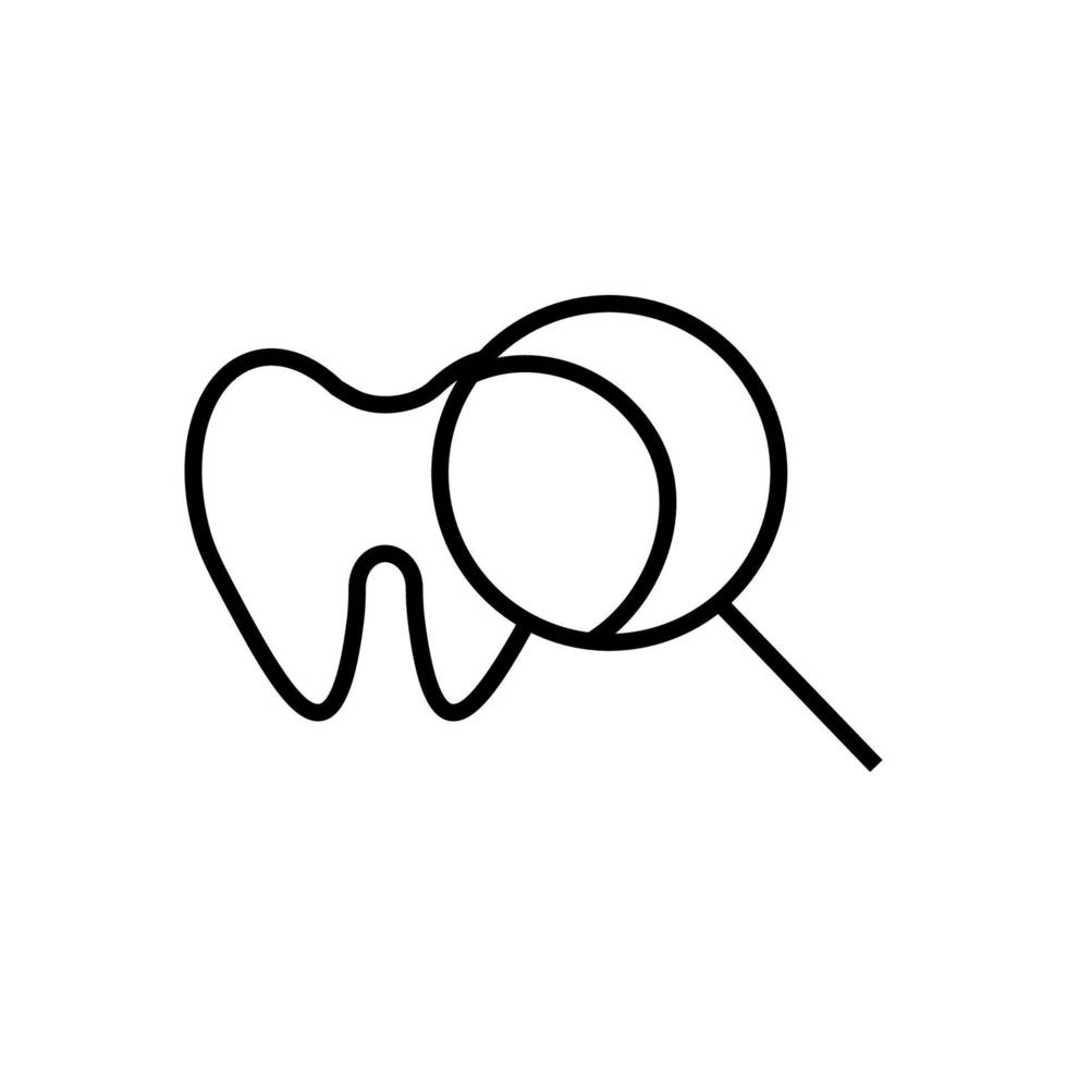 Profession and occupation concept. Modern outline sign drawn in flat style. Editable stroke. Vector monochrome isolated line icon of tooth under magnifying glass
