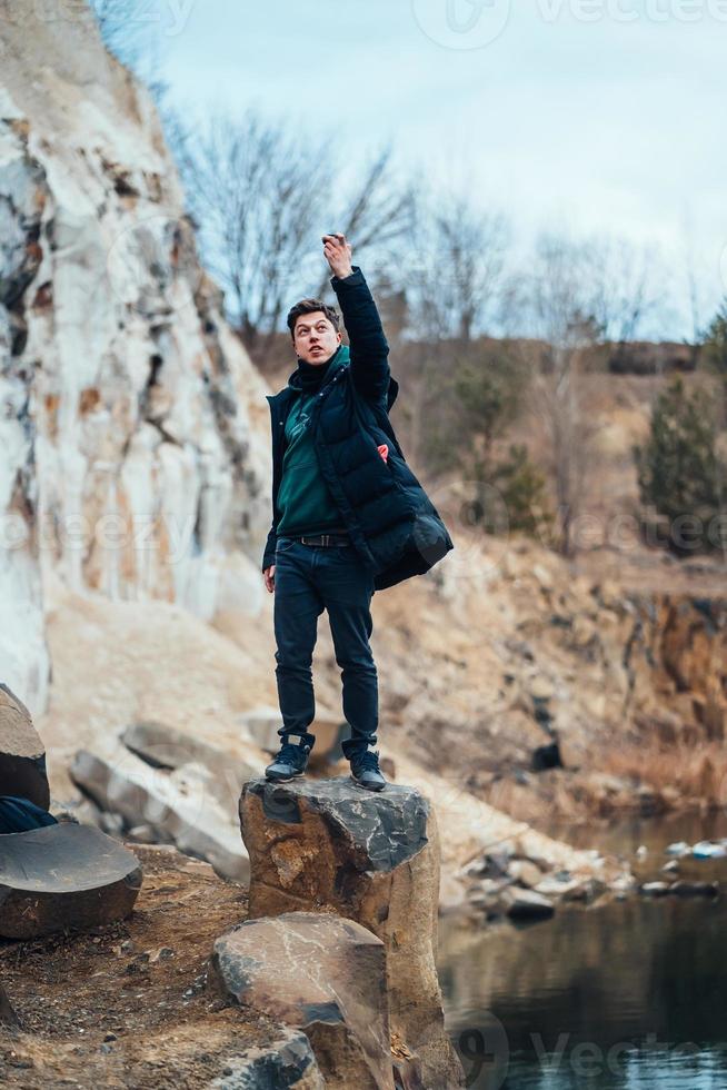 The guy poses for the camera in the quarry photo