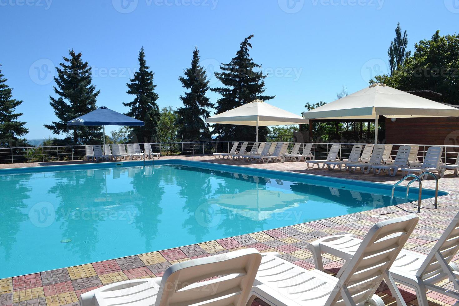 Poolside. Sunbeds near swimming pool surrounded by pine trees photo