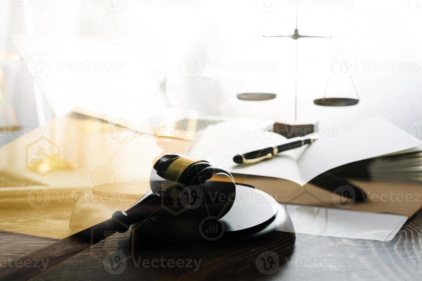 Business and lawyers discussing contract papers with brass scale on desk in office. Law, legal services, advice, justice and law concept picture with film grain effect photo