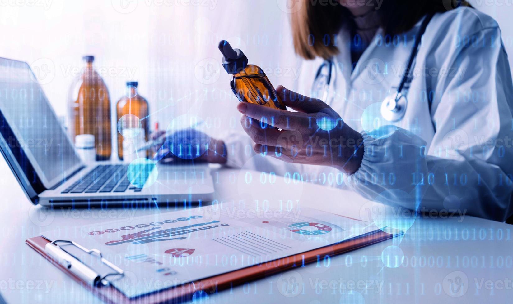 Medicine doctor and stethoscope touching icon medical network connection with modern interface on digital tablet in hospital background. Medical technology network concept photo