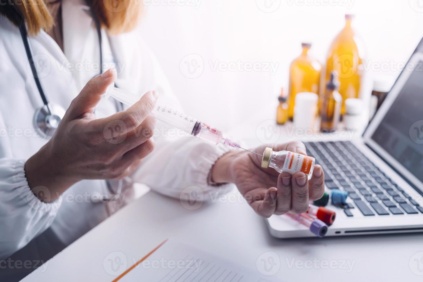 Medicine doctor and stethoscope touching icon medical network connection with modern interface on digital tablet in hospital background. Medical technology network concept photo