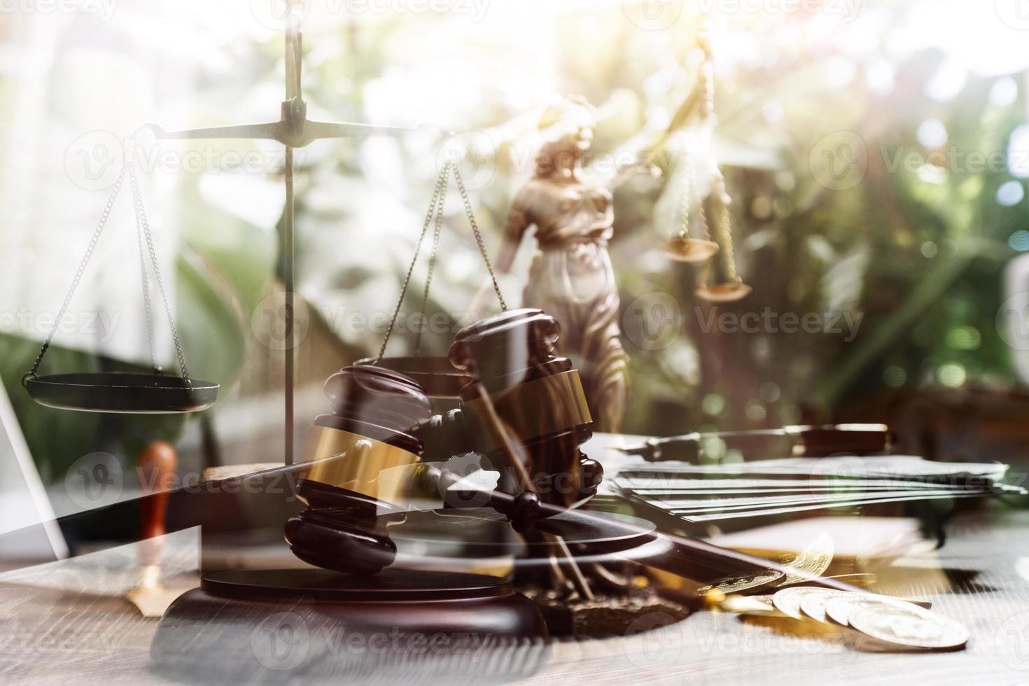Business and lawyers discussing contract papers with brass scale on desk in office. Law, legal services, advice, justice and law concept picture with film grain effect photo