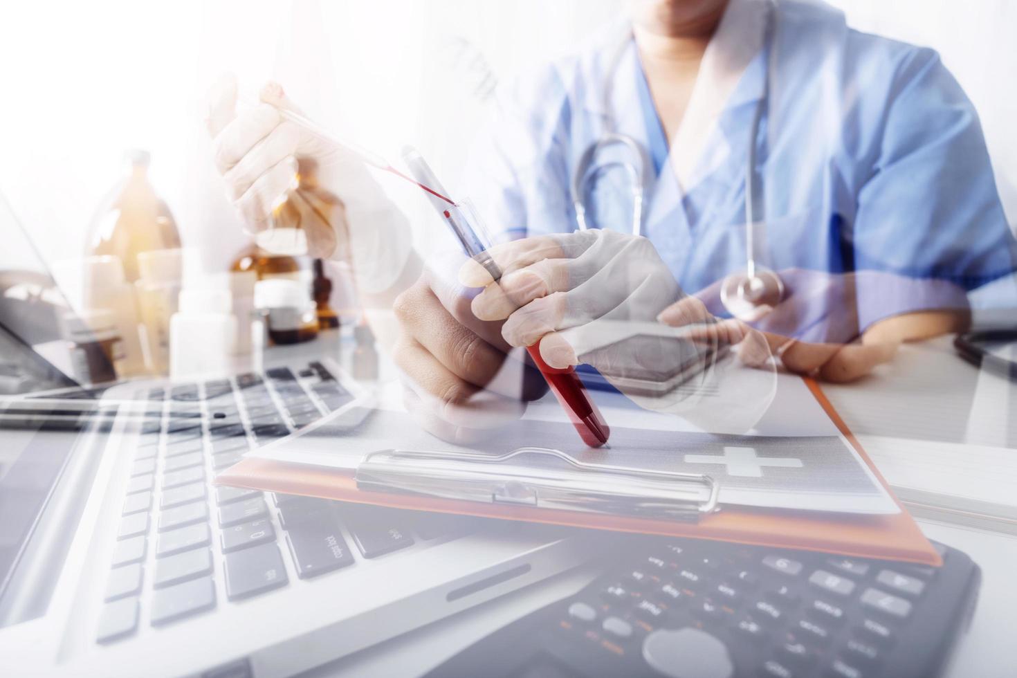 Medicine doctor and stethoscope touching icon medical network connection with modern interface on digital tablet in hospital background. Medical technology network concept photo