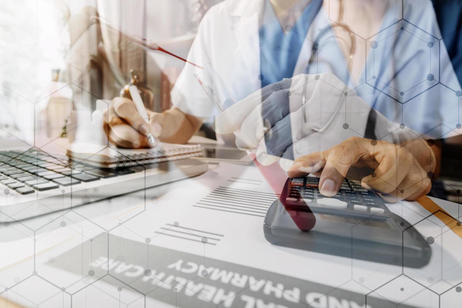 Medicine doctor and stethoscope touching icon medical network connection with modern interface on digital tablet in hospital background. Medical technology network concept photo
