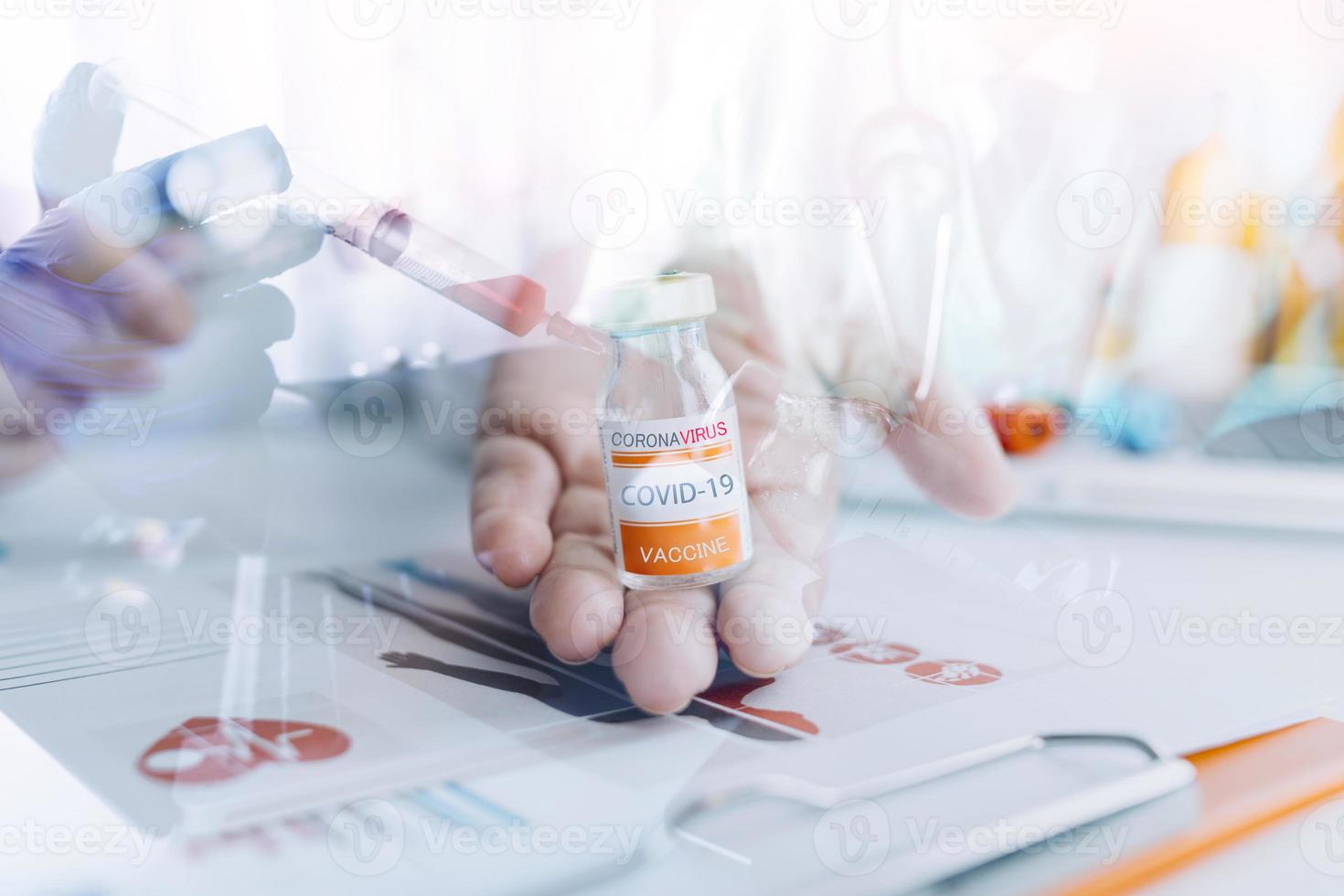 Medicine doctor and stethoscope touching icon medical network connection with modern interface on digital tablet in hospital background. Medical technology network concept photo