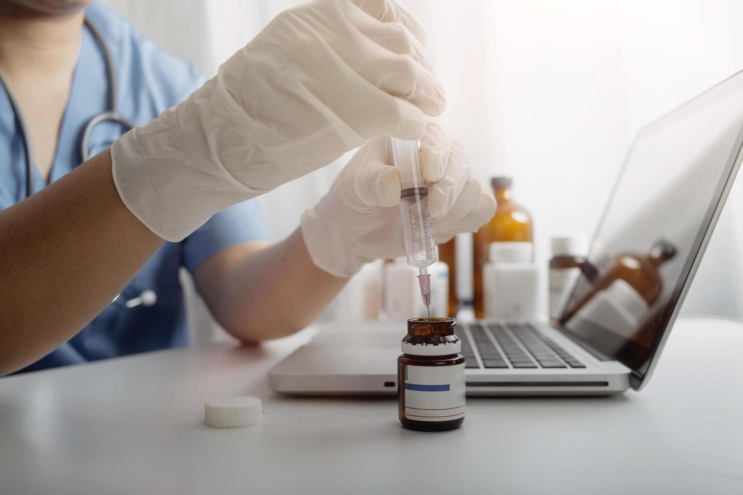 Double exposure of technology healthcare And Medicine concept. Doctors using digital tablet and modern virtual screen interface icons panoramic banner, blurred background. photo