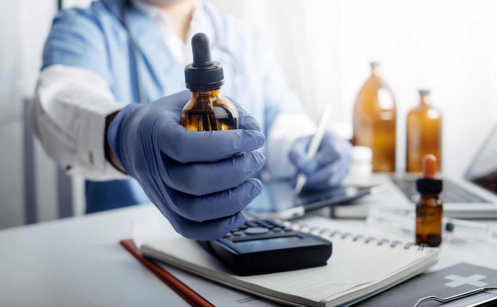 Medicine doctor and stethoscope touching icon medical network connection with modern interface on digital tablet in hospital background. Medical technology network concept photo
