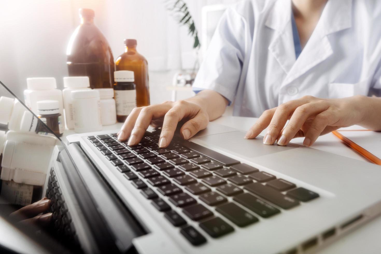 Double exposure of technology healthcare And Medicine concept. Doctors using digital tablet and modern virtual screen interface icons panoramic banner, blurred background. photo