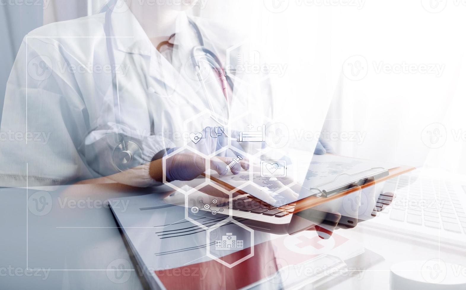 Medicine doctor and stethoscope touching icon medical network connection with modern interface on digital tablet in hospital background. Medical technology network concept photo