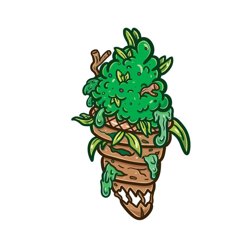 Cartoon Mascot of Weed Bud Ice Cream With Cone. vector