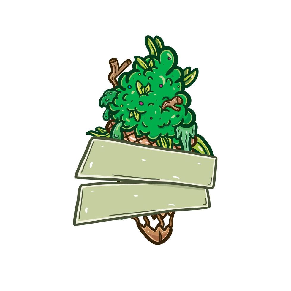 Cartoon Mascot of Weed Bud Ice Cream with Blank Sign. vector