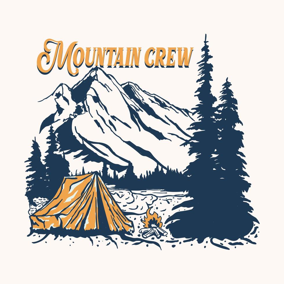 Camping design with mountains, camping tent, forest and lake. For posters, banners, emblems, signs, logos. Vector illustration