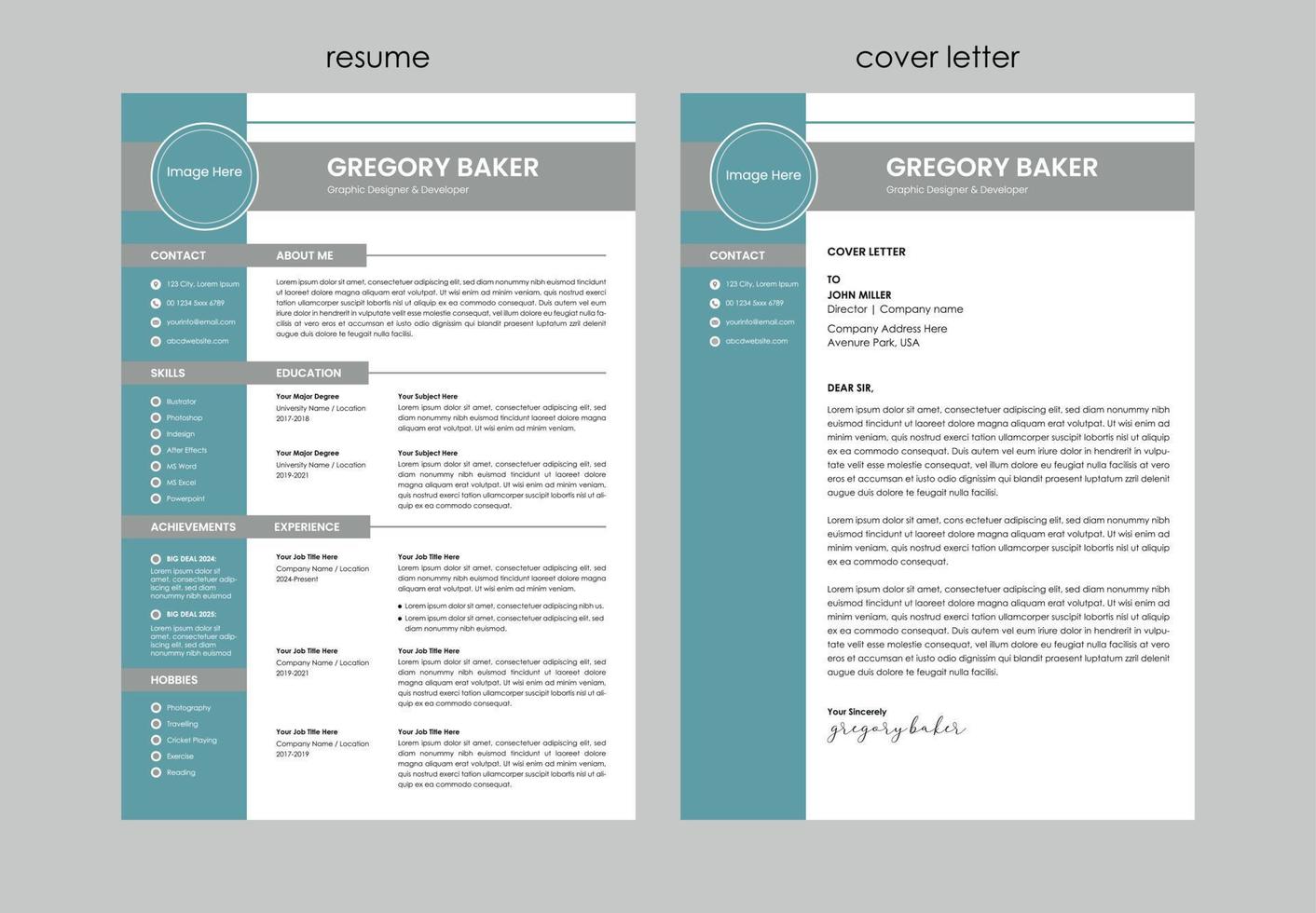 Minimalist resume cv template and cover letter set vector