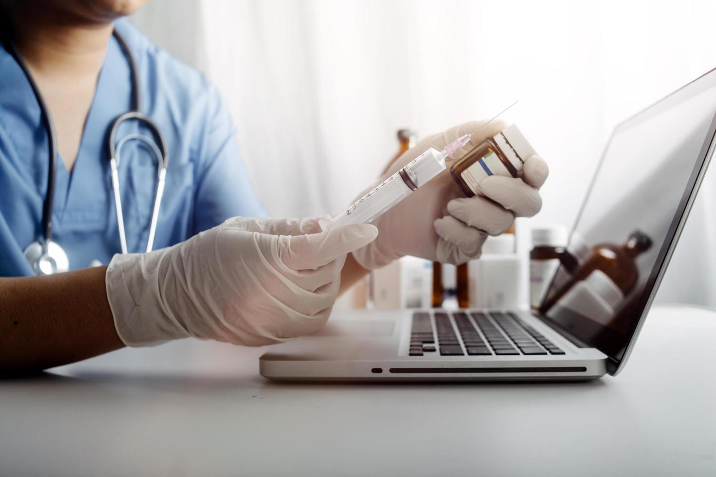 Double exposure of technology healthcare And Medicine concept. Doctors using digital tablet and modern virtual screen interface icons panoramic banner, blurred background. photo
