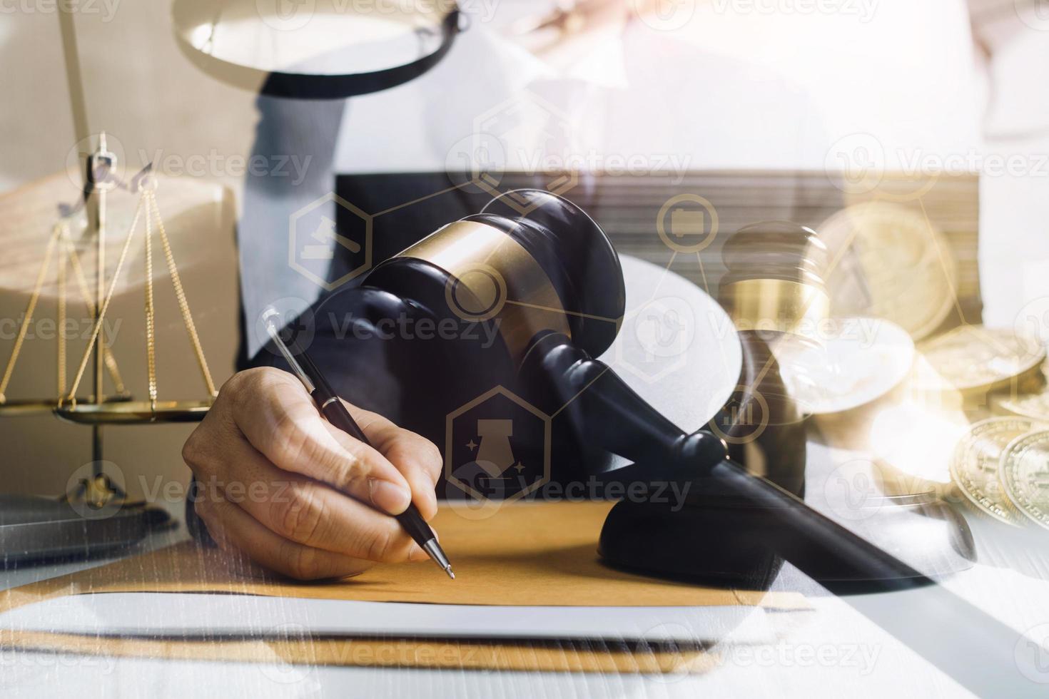 Business and lawyers discussing contract papers with brass scale on desk in office. Law, legal services, advice, justice and law concept picture with film grain effect photo